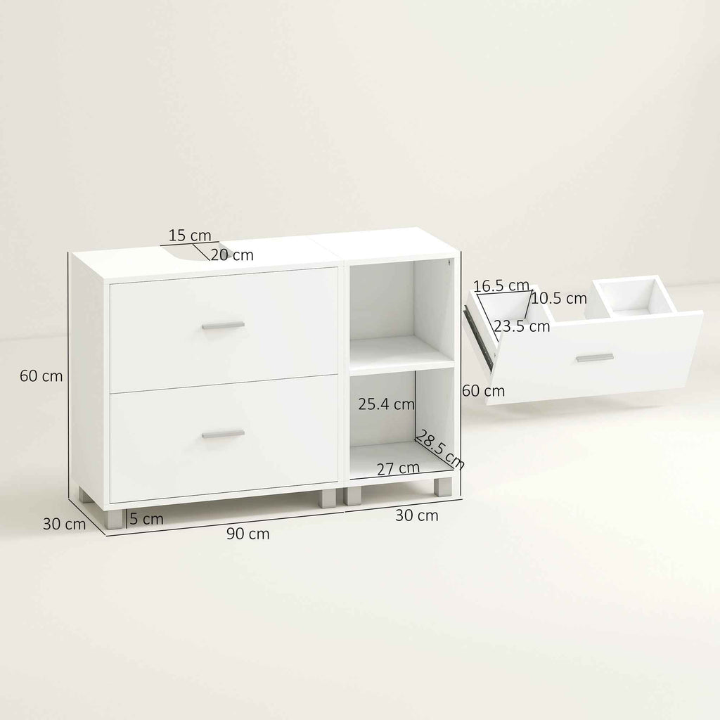 HOMCOM Bathroom Vanity Unit with 2 Drawers and Open Shelves, Wooden, 90x30x60 cm, White