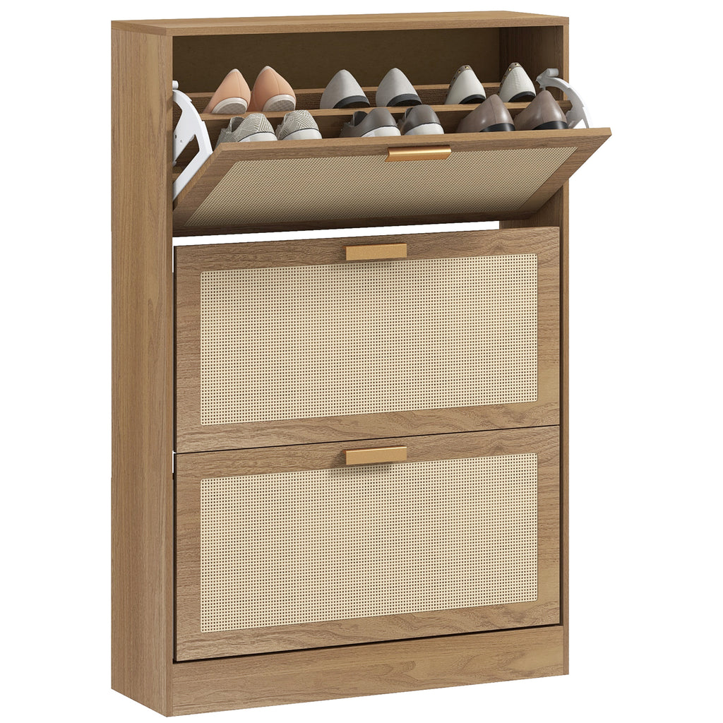 Shoe Rack for 18 Pairs of Shoes with 3 Folding Drawers in Wood and Rattan, 80x25x120 cm, Brown
