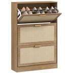 Shoe Rack for 18 Pairs of Shoes with 3 Folding Drawers in Wood and Rattan, 80x25x120 cm, Brown