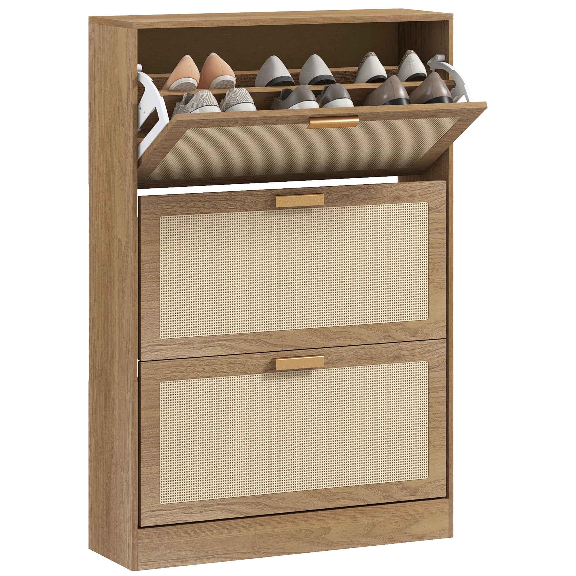 Shoe Rack for 18 Pairs of Shoes with 3 Folding Drawers in Wood and Rattan, 80x25x120 cm, Brown
