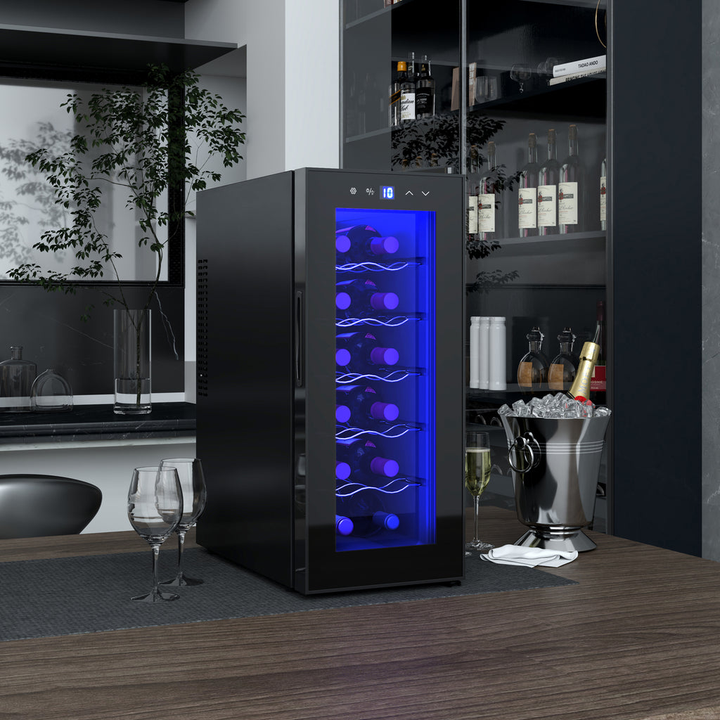 12 Bottle Refrigerator Cooler with Dual Temperature Control, Adjustable Shelves and Lights, Black