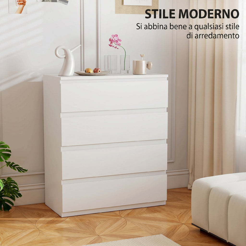 HOMCOM Modern 4-Drawer Chest of Drawers Without Handles for Bedroom and Living Room, 80x39x95 cm, White