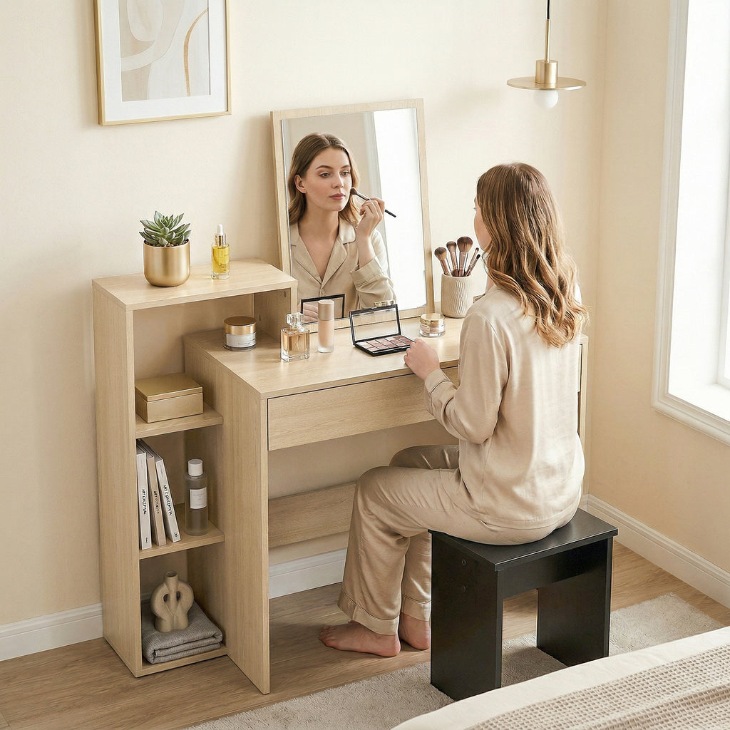 HOMCOM Modern PC Desk with 3 Open Shelves and Drawer, Wooden, Wood Color, 100x40x90 cm
