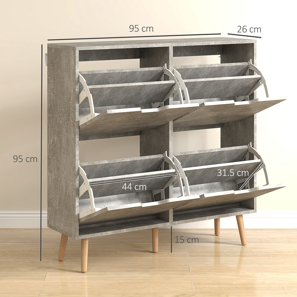 Mobile Shoe Rack with 4 Folding Drawers at 2 Levels for 16 Pairs, in Wood, 95x26x95 cm, Gray