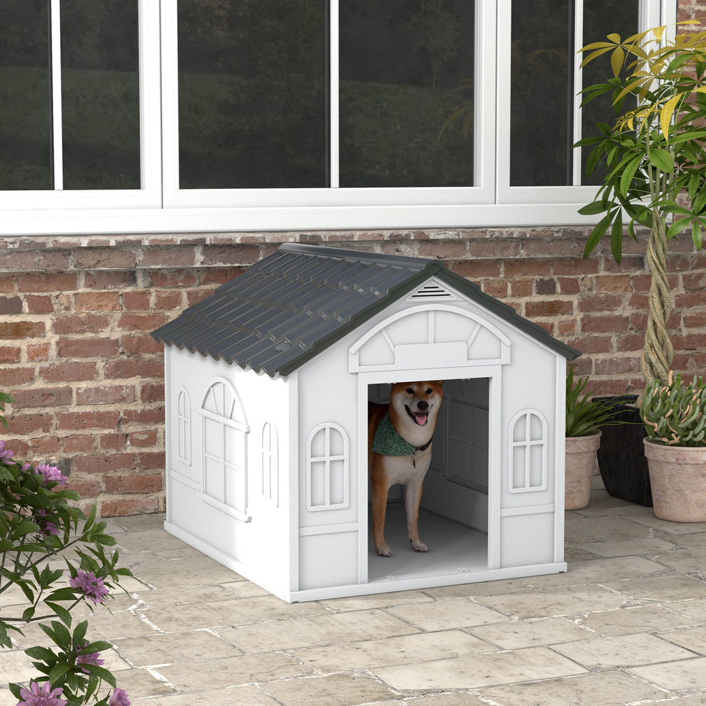 Waterproof PP Dog House with Sloped Roof and Entrance Door, 84.2 x 98.2 x 82 cm, Grey
