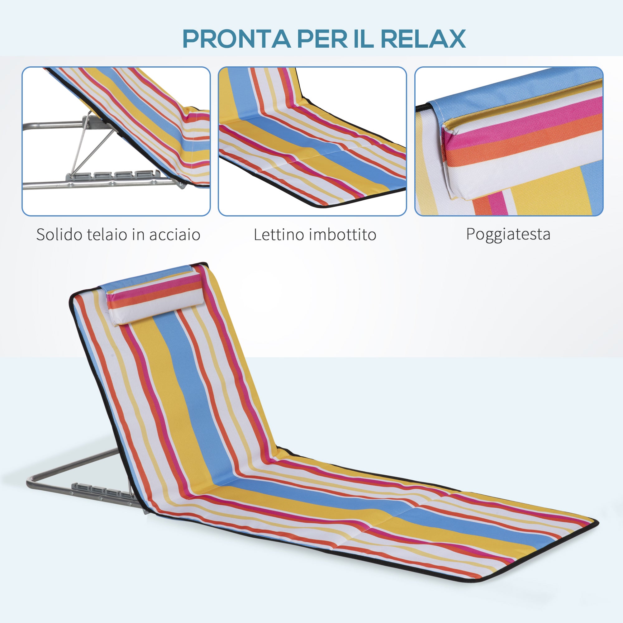Set of 2 Folding Beach Chairs with Adjustable Backrest and Headrest, 53x124x35-45 cm, Multicolor
