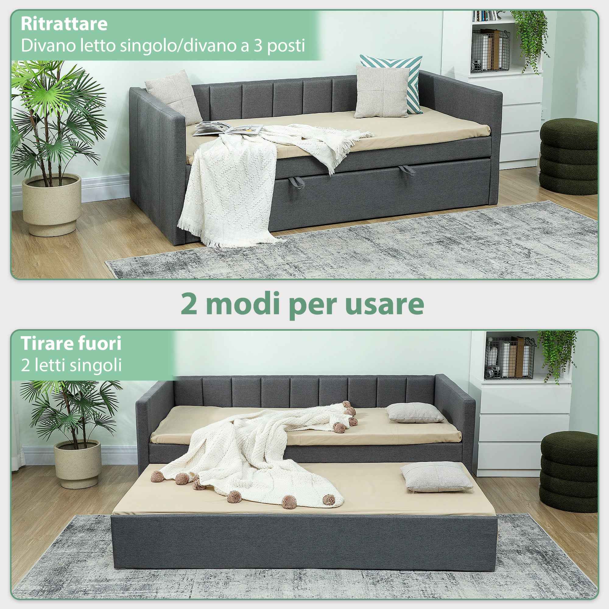 HOMCOM Single Bed with Pull-Out Second Bed, Fabric Upholstery and Armrests, 205x181x70 cm, Dark Grey