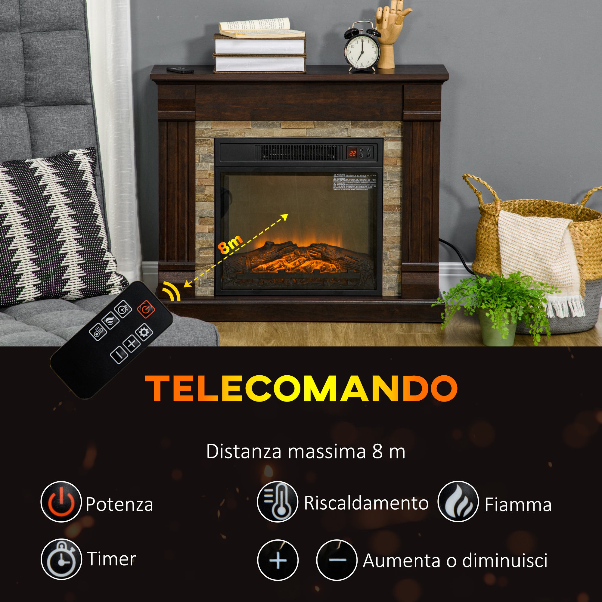 Built-in Electric Fireplace with Timer, Adjustable Flame and Temperature, 80x21.6x67.8 cm, Brown