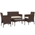 4 Piece Garden Set with 2 Seater Sofa, 2 Chairs and Coffee Table, in Rattan and Steel, Beige and Brown