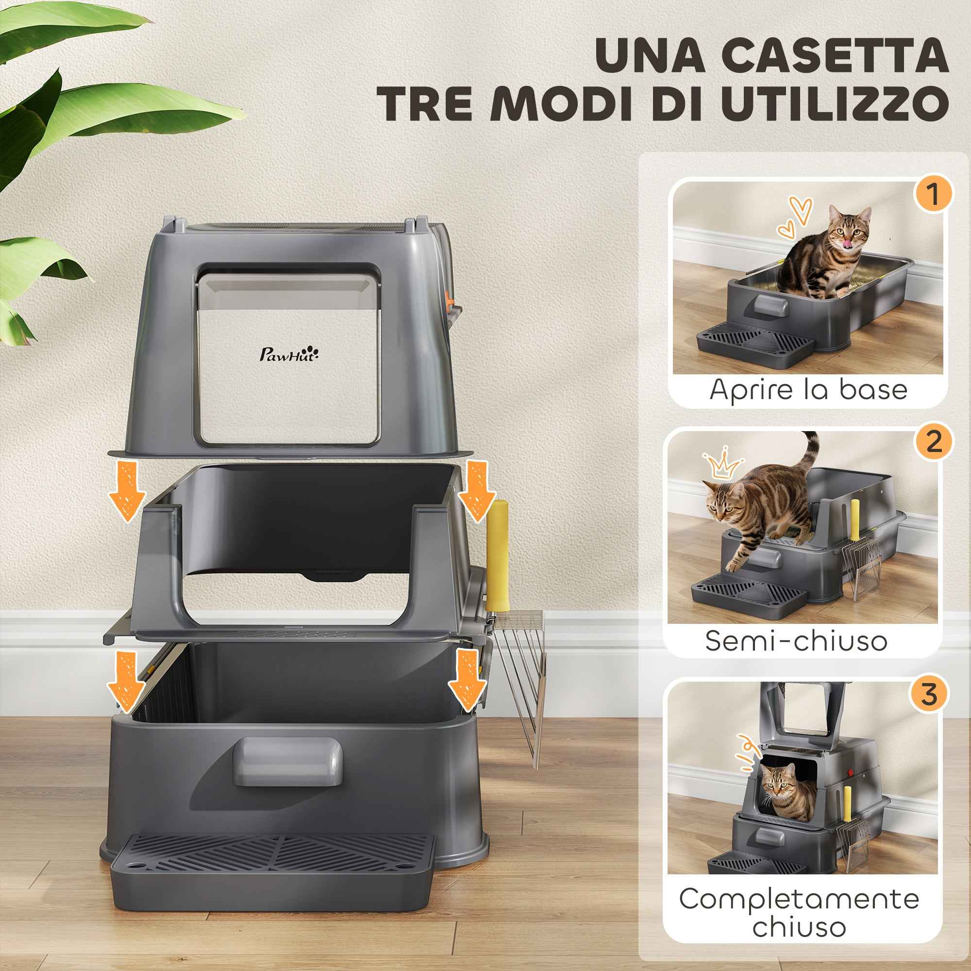 PawHut 80L Enclosed Cat Litter Box with Removable Tray, ABS and Stainless Steel, 63x43x43 cm, Dark Grey