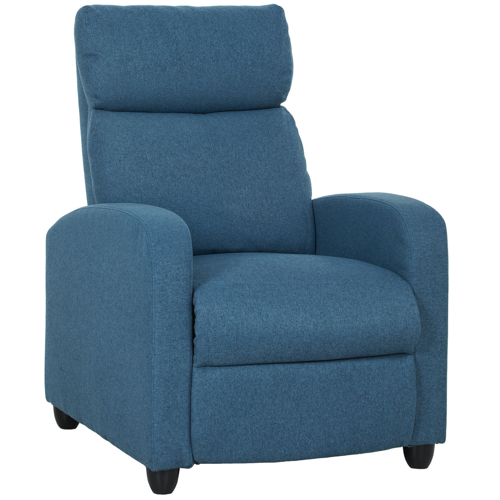 Manually Reclining Relaxing Chair with Footrest and Fabric Upholstery, Blue