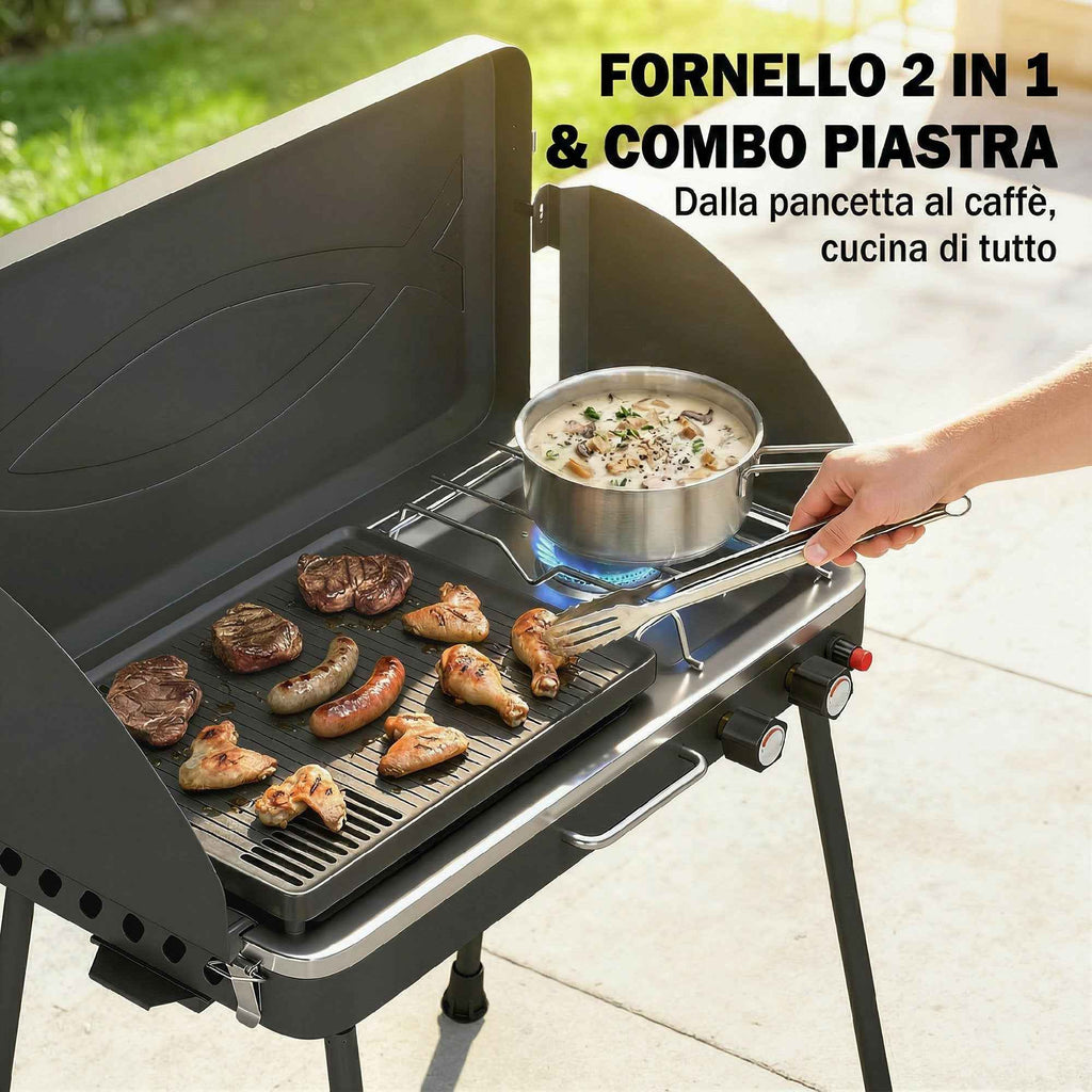 Outsunny 2-in-1 Portable Propane Gas BBQ with Grill and Stove, 7KW, Black