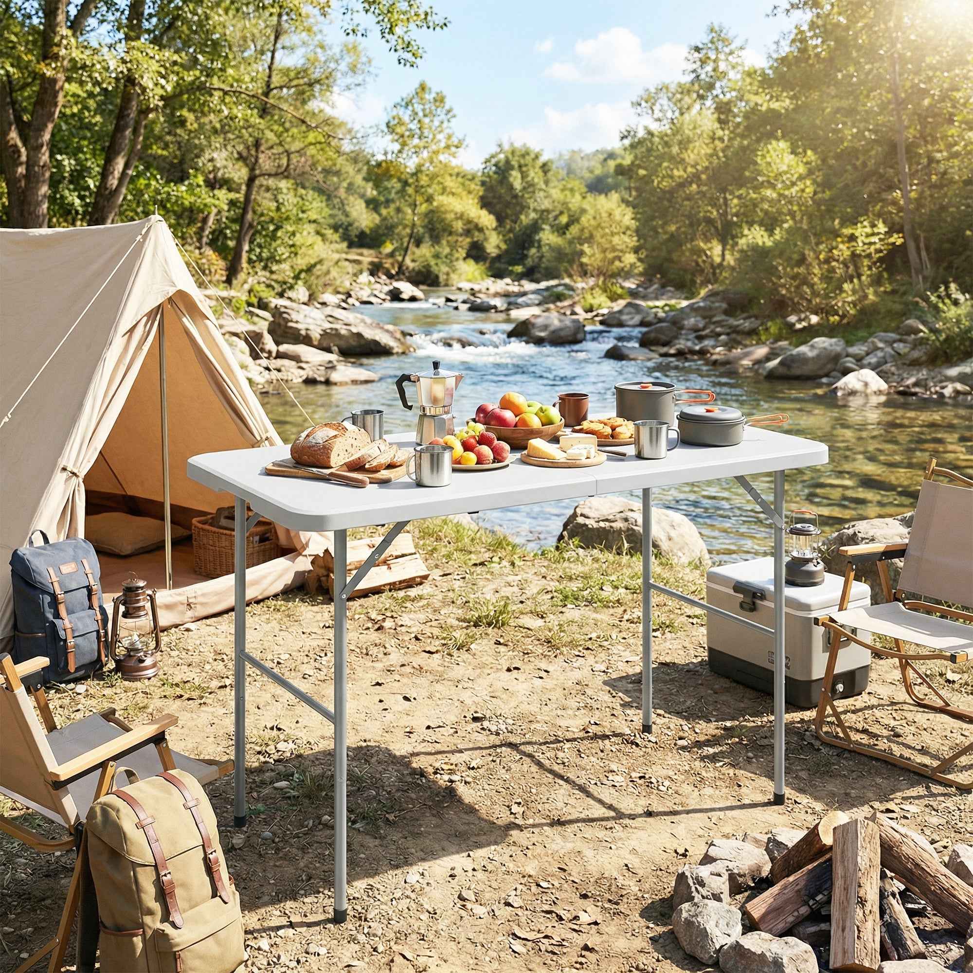 Outsunny 2-Height Folding Camping Table with Handle, HDPE, 120x60x74 cm, White