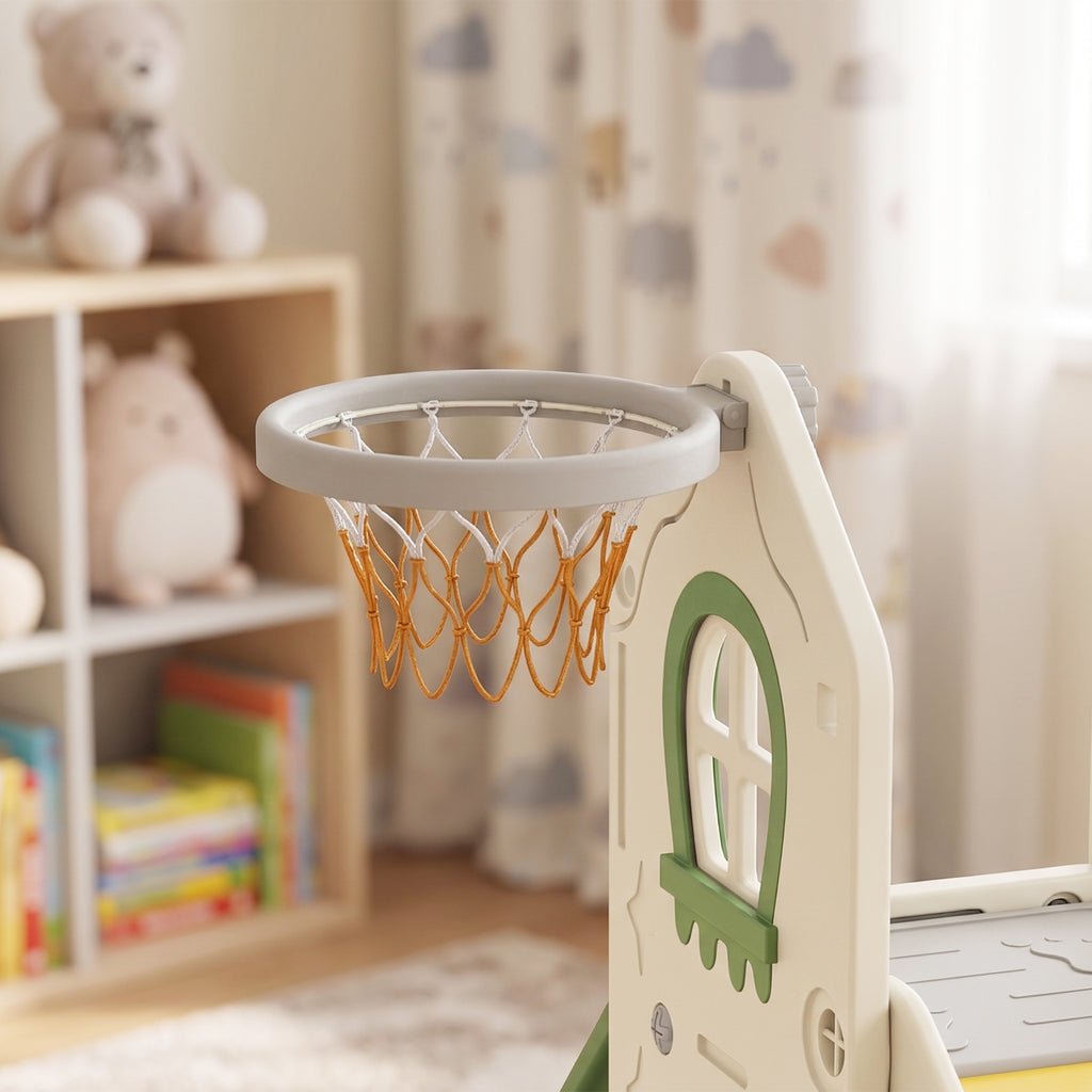 AIYAPLAY Slide for Children 1-3 Years with Climbing Frame, Basketball Hoop, Storage Space, Non-Slip Steps, Cream