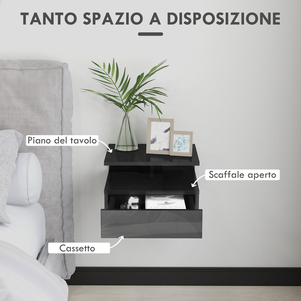 Set of 2 Modern Floating Bedside Tables with Drawer and Wooden Shelf 35x32x22.5cm, Glossy Black