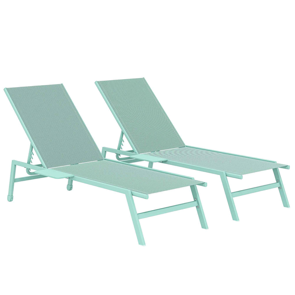 Outsunny Set of 2 Sun Loungers Adjustable in 5 Positions with Side Table and 2 Wheels, in Metal and Polyester, Green