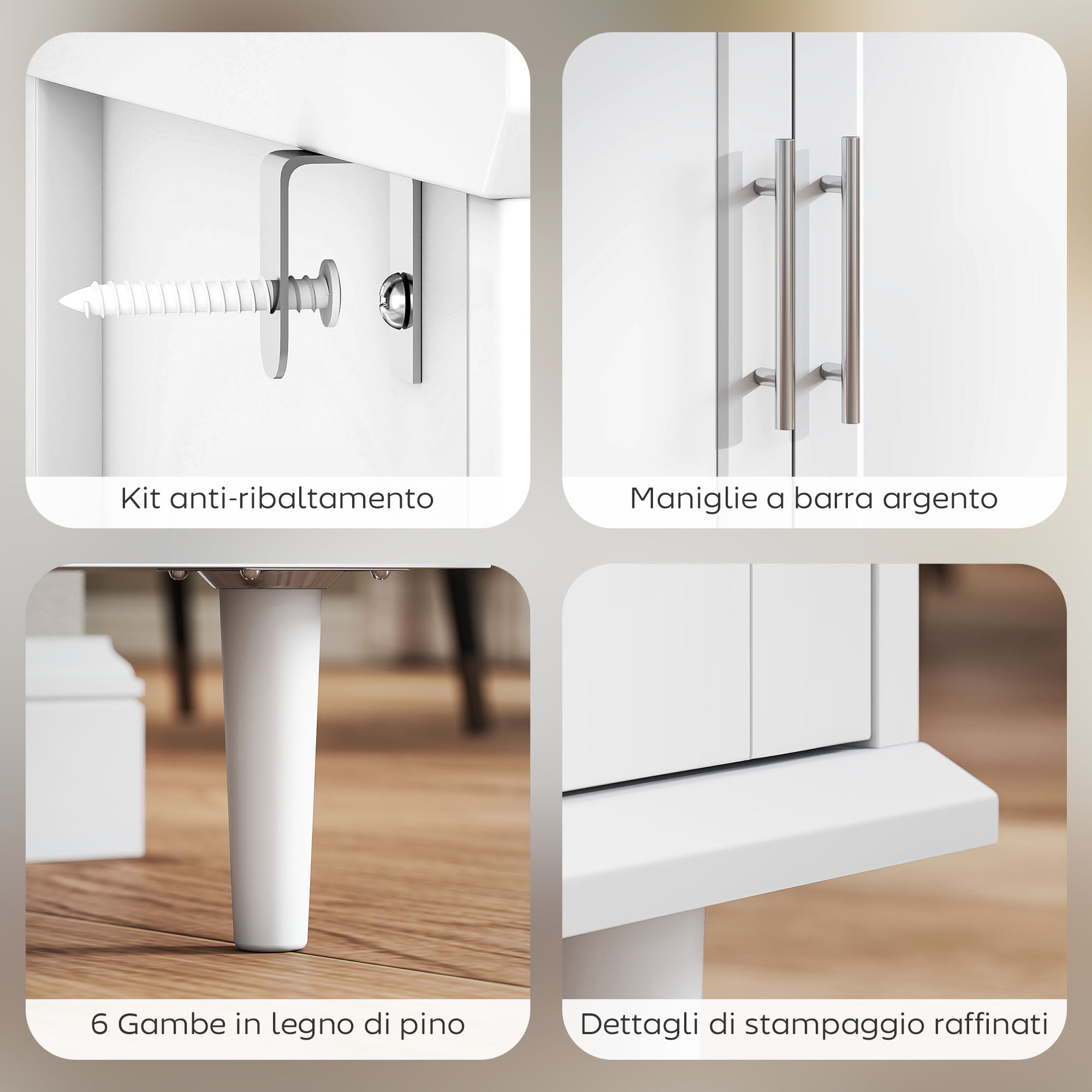 Elegant Buffet Sideboard with 2 Drawers and 3 Cabinets with Adjustable Shelves, Wooden, 120x38x86 cm, White