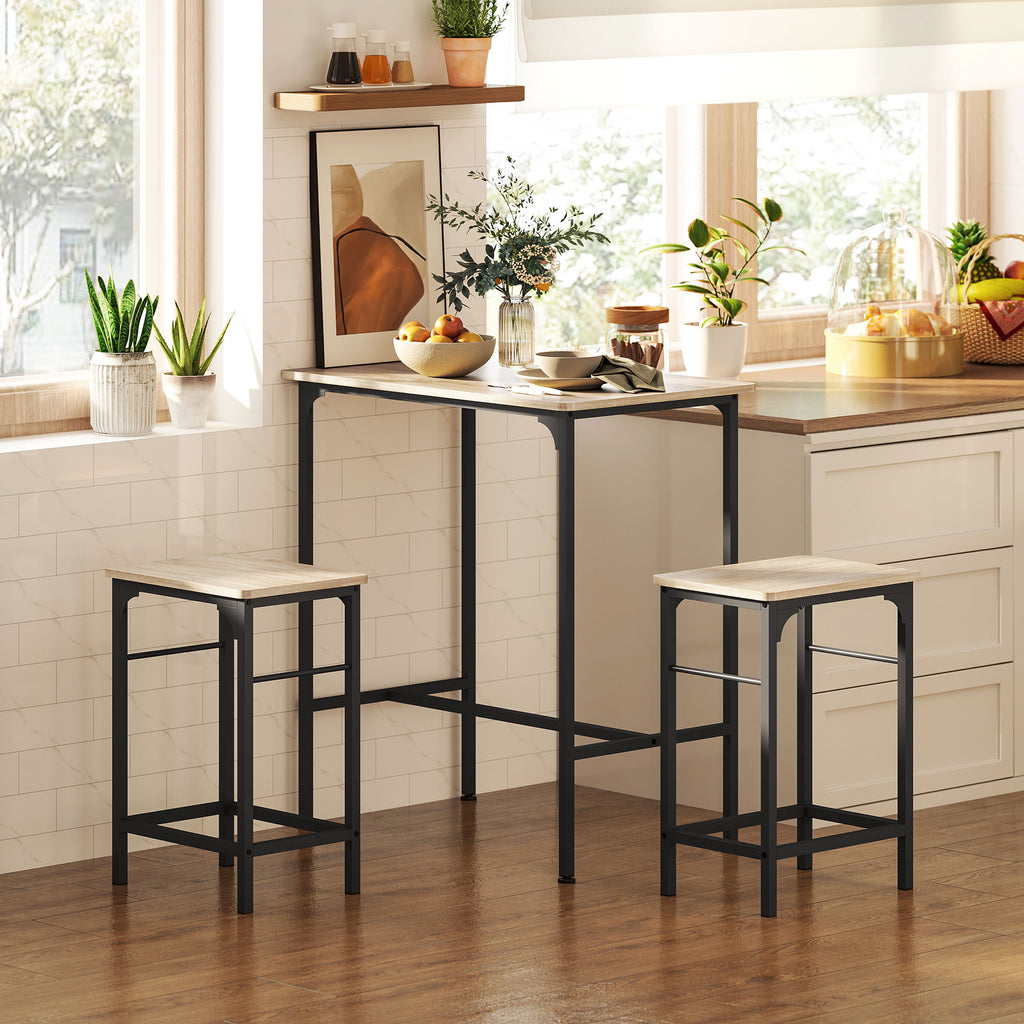 3 Piece Bar Furniture with Kitchen Table and 2 Bar Stools in Wood and Steel, Wood and Black Color