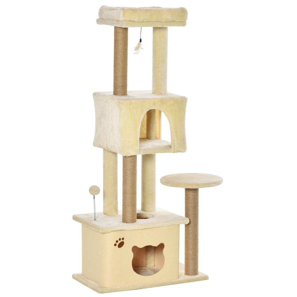Cat Tree, 136 cm Tall, with Removable House, Cat House and Bed, Jute Poles, Beige