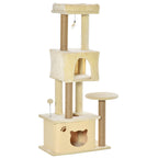 Cat Tree, 136 cm Tall, with Removable House, Cat House and Bed, Jute Poles, Beige