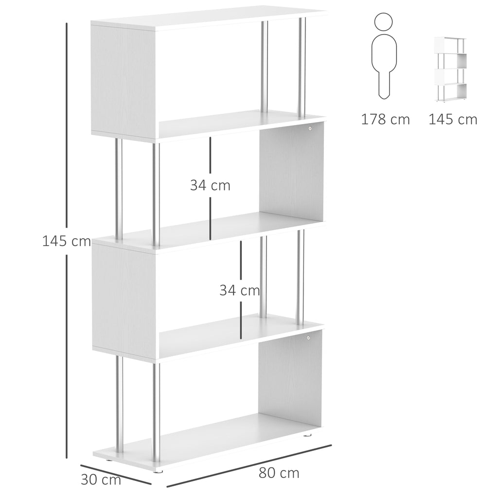 4-Tier Bookcase Modern Design in Wood and Metal, Bookshelf Shelf for Living Room, Study, Office, 80x30x145cm White