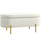72L Oval Storage Bench with Lift-Top Lid, Velvet Fabric and Wood, 108x44x43.5 cm, Cream