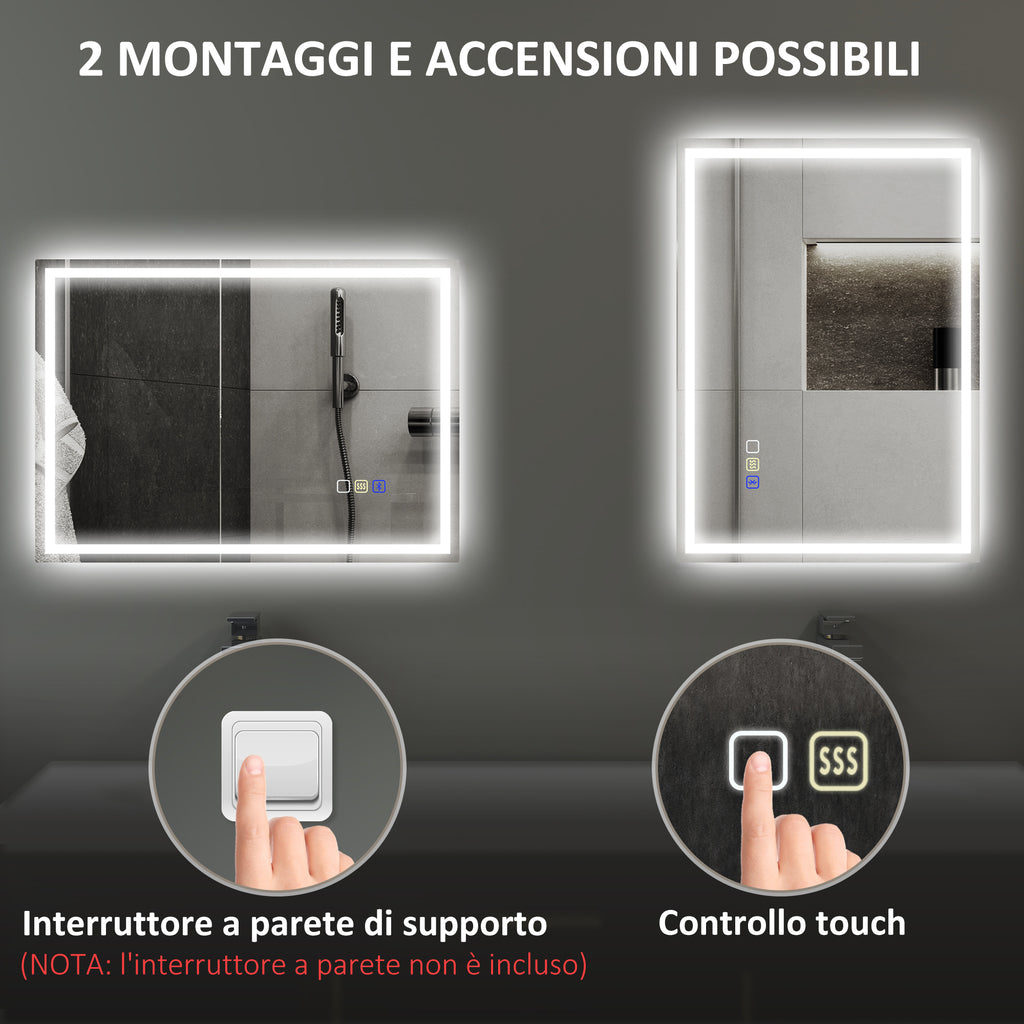 Anti-Fog Bathroom Mirror with Adjustable LED Light, Bluetooth Speaker, Touch Buttons, 50x70 cm