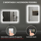 Anti-Fog Bathroom Mirror with Adjustable LED Light, Bluetooth Speaker, Touch Buttons, 50x70 cm