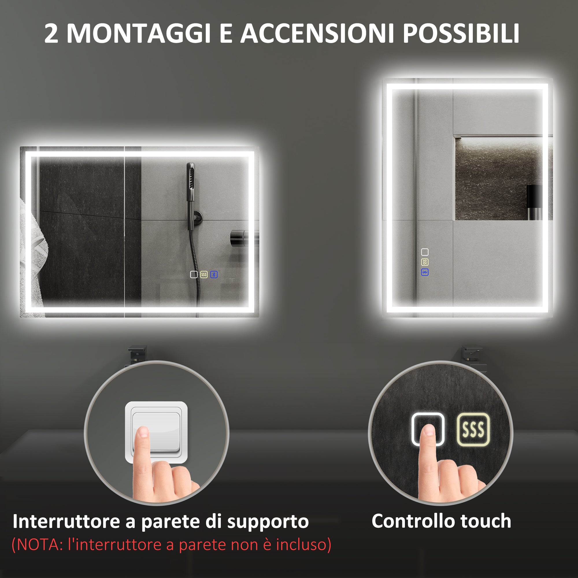 Anti-Fog Bathroom Mirror with Adjustable LED Light, Bluetooth Speaker, Touch Buttons, 50x70 cm