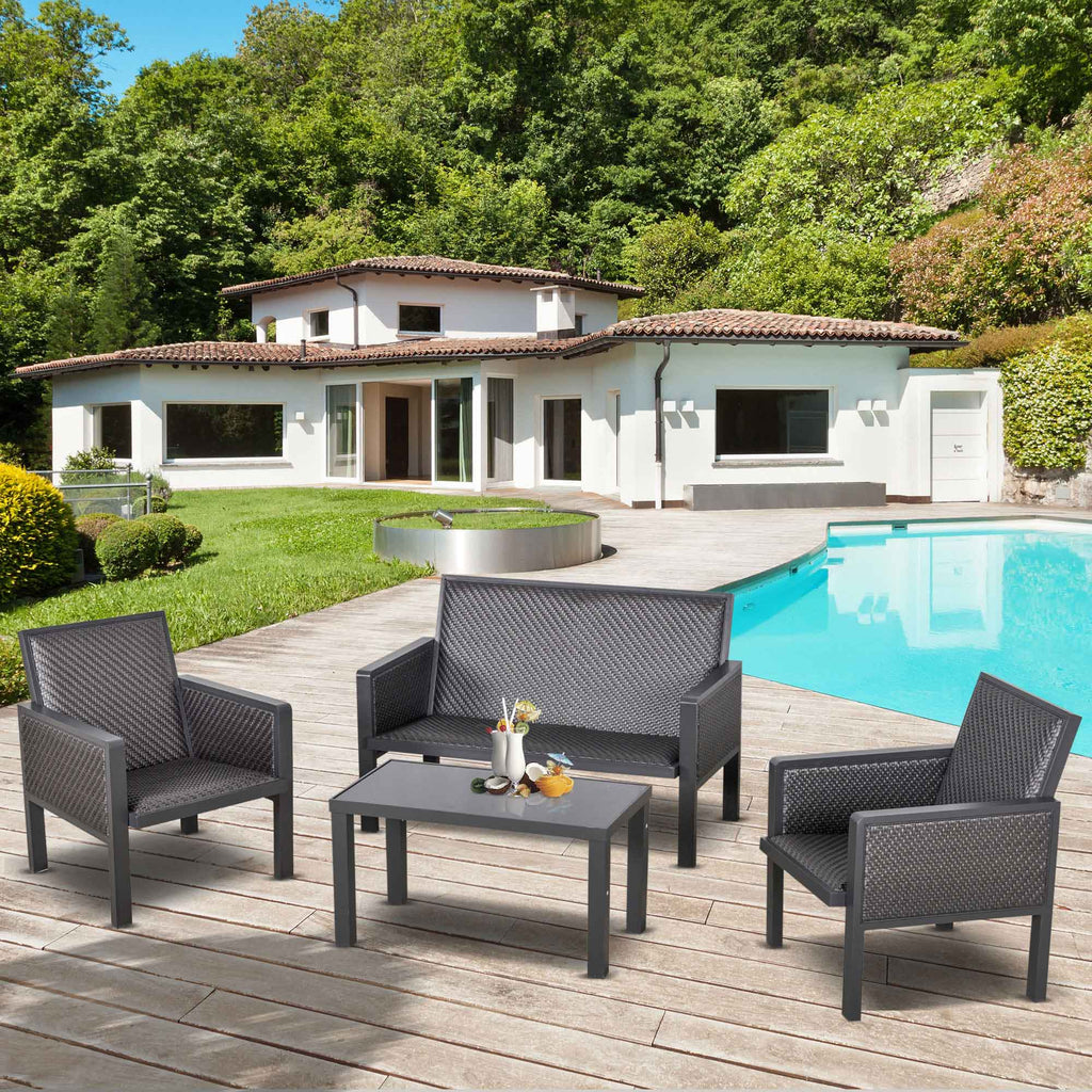 Garden Lounge Set with Outdoor Sofa and Coffee Table, Synthetic Rattan Garden Furniture, 4-Piece Set, Grey