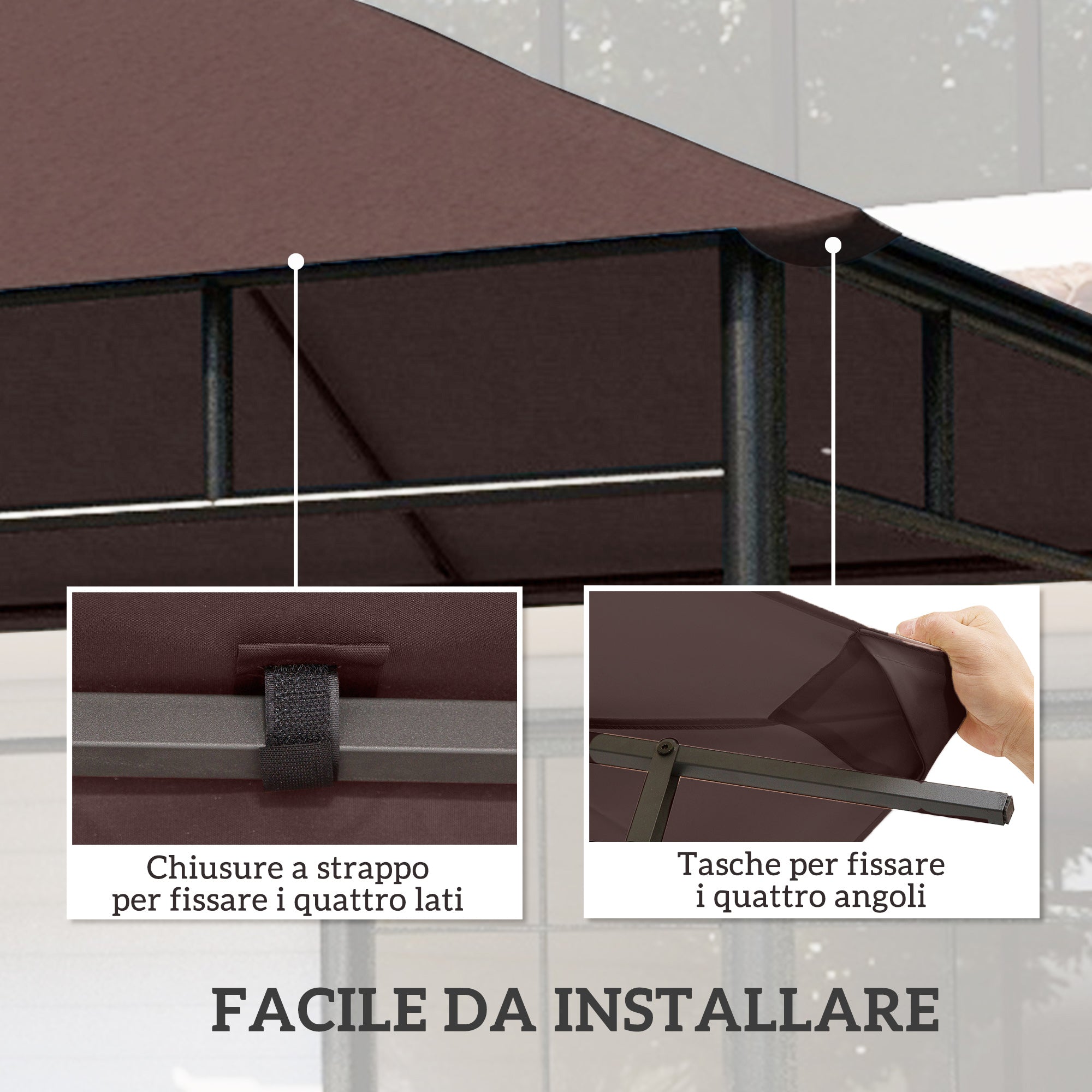Outsunny 3x3m Garden Gazebo Replacement Roof, 180g/m² Polyester Water Resistant Gazebo Cover with 8 Drainage Holes and Air Vents, Cover Only, 298x295cm, Coffee