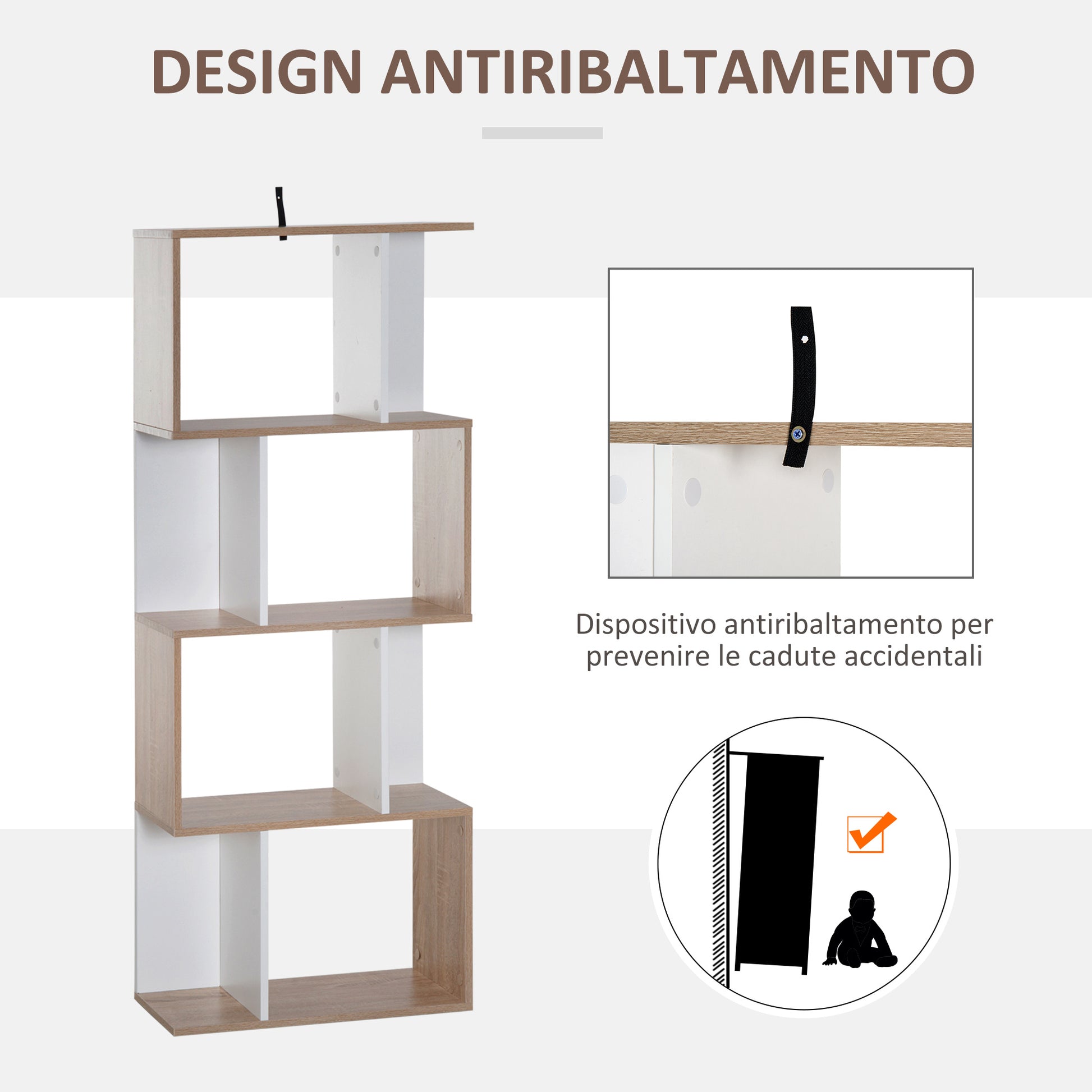 Modern Design Bookcase 4 shelves in Natural Wood and White, 60x24x148cm - Borgè