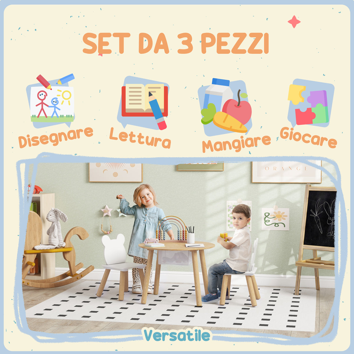 Children's Table and 2 Chairs Set with Teddy Backrest, Coffee Table with Storage, White and Wood