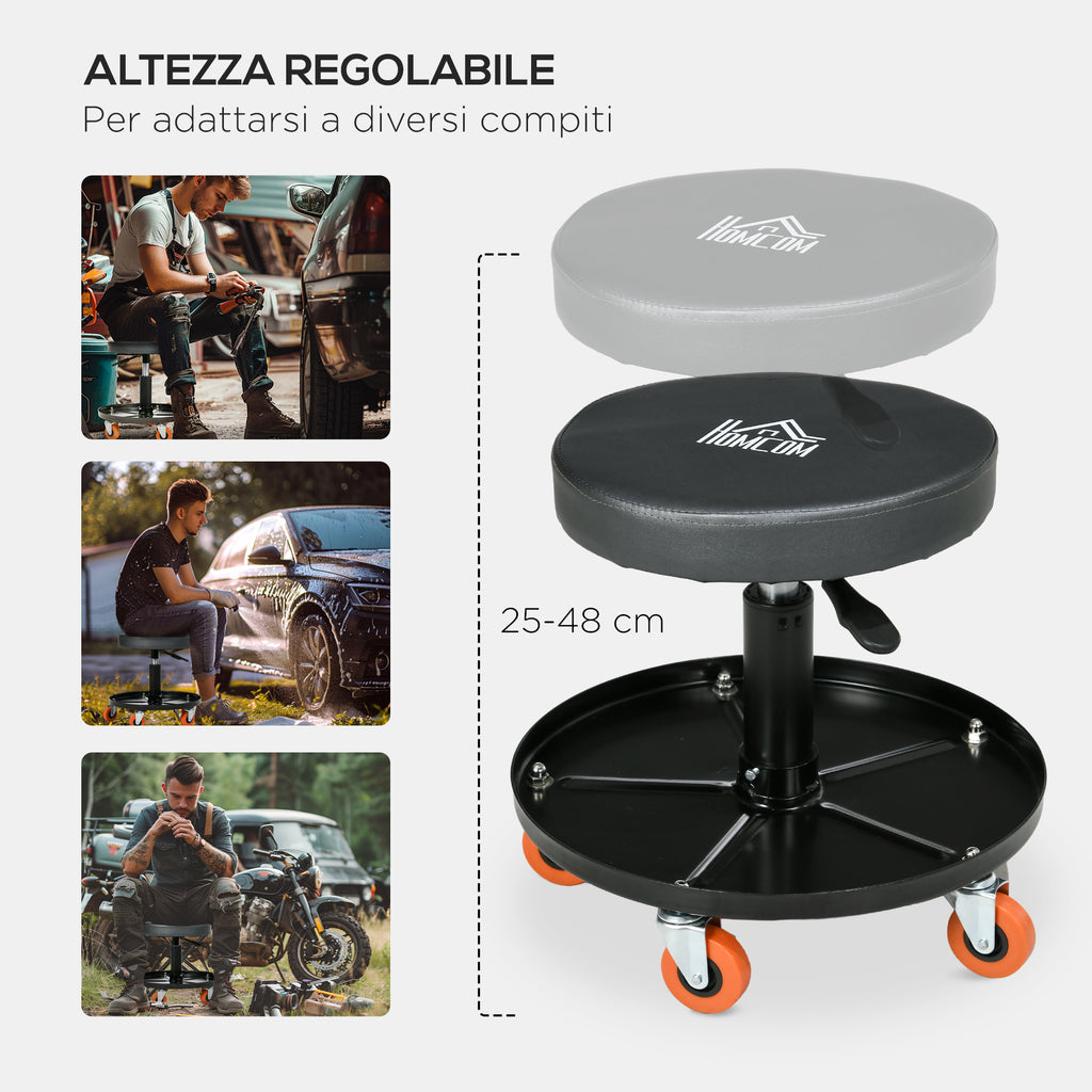 HOMCOM Workshop Stool with Wheels and Tool Holder, Adjustable Height and Swivel, Ø40x25-48cm, Black - Borgè