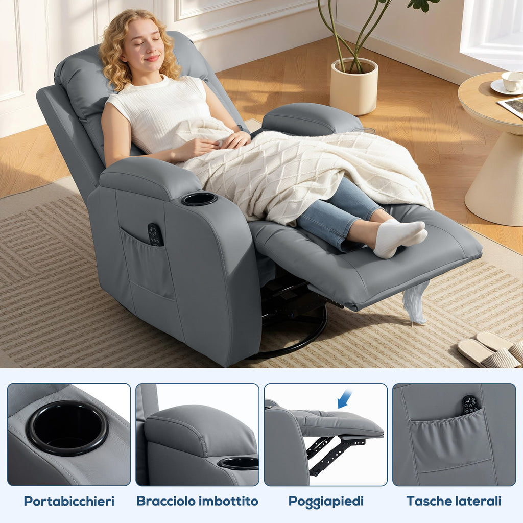 HOMCOM Heated Massage Recliner, 8 Massage Points with Remote Control, PU Leather, Light Grey