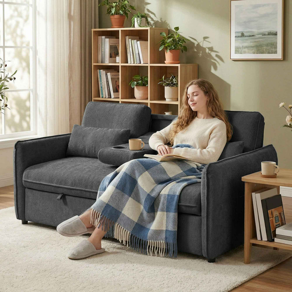 HOMCOM 3-in-1 2-Seater Sofa Bed with 3-Position Adjustable Backrest and 2 Cushions, Chenille, Dark Grey