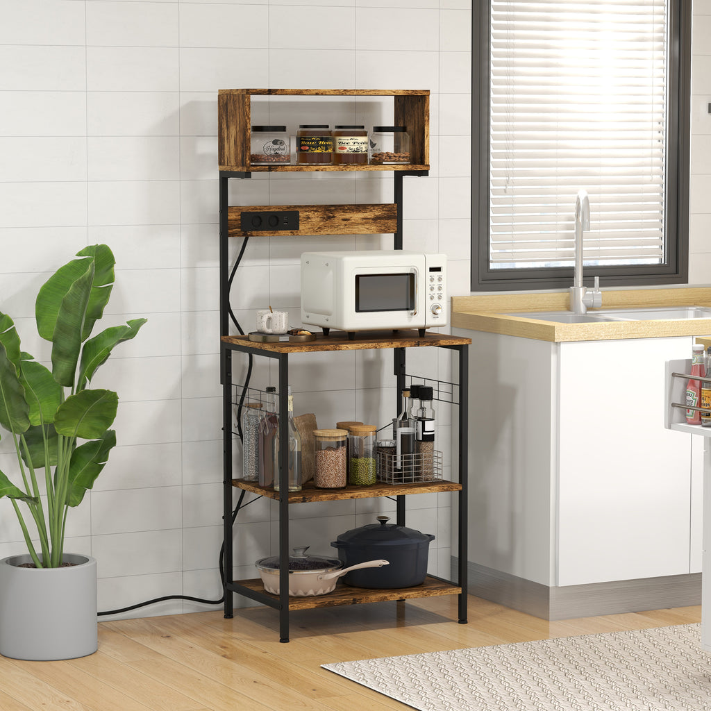 HOMCOM Kitchen Shelf with Power Strip, Shelves and Hooks Industrial Style, 60x42x153cm, Brown - Borgè