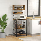 HOMCOM Kitchen Shelf with Power Strip, Shelves and Hooks Industrial Style, 60x42x153cm, Brown - Borgè
