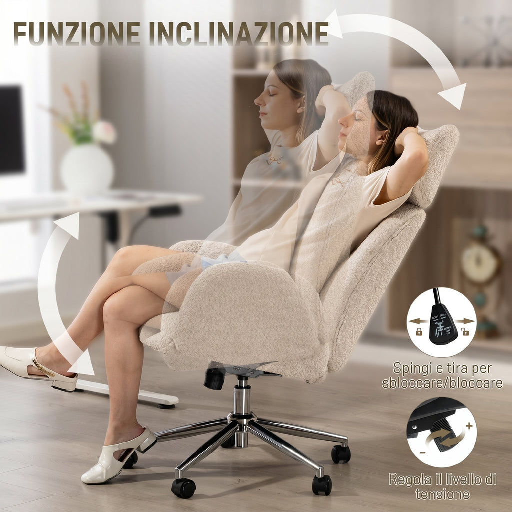 HOMCOM Bouclé Swivel Office Chair with Headrest. Height-Adjustable, Rocking Function, Light Grey-White