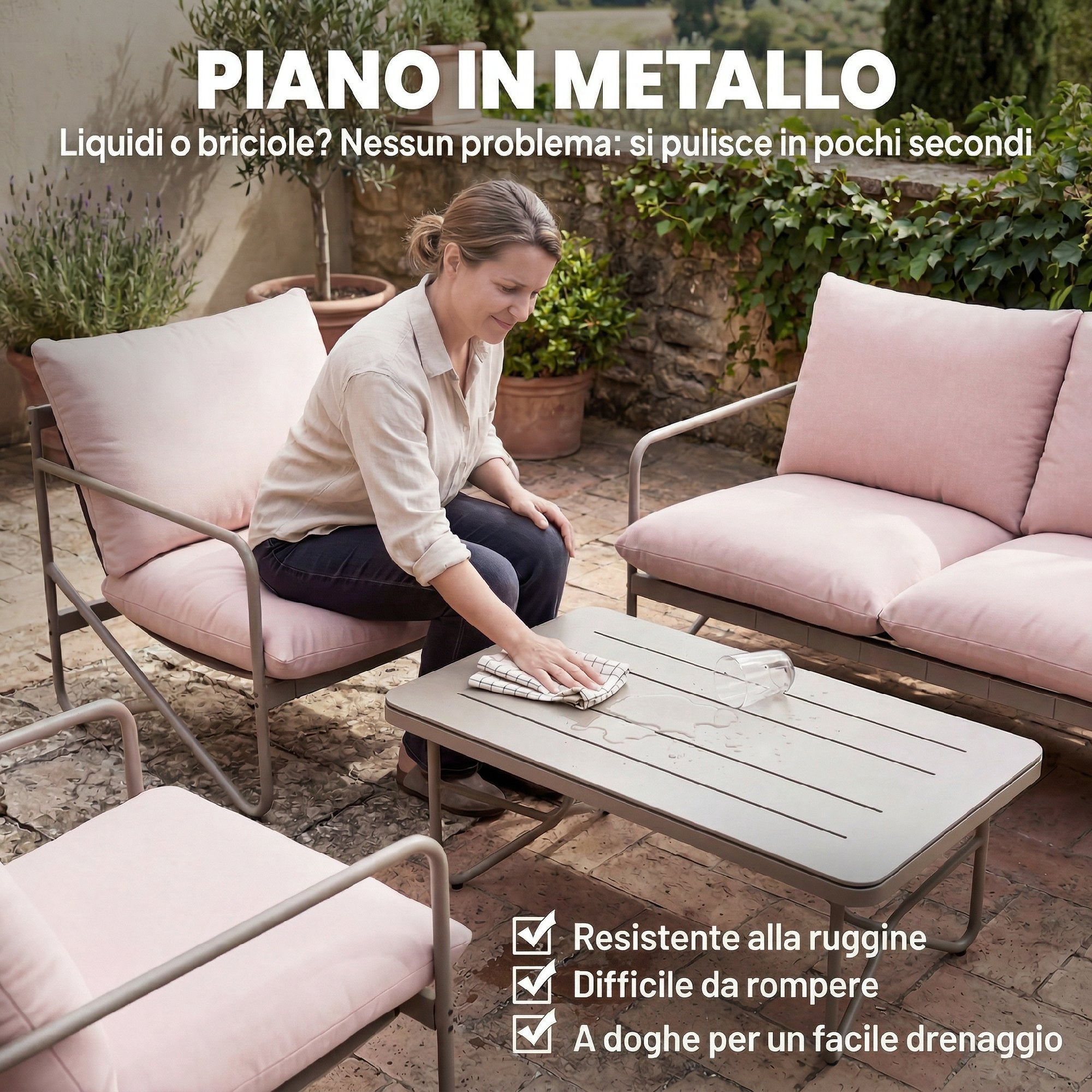 Outsunny 4-Person Garden Set: Sofa, Armchairs, Table, Metal, Pink