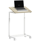 Adjustable Work Table with Tilting Top and 4 Wheels, in Wood and Metal, 55x36x62.5-82.5 cm, White and Oak