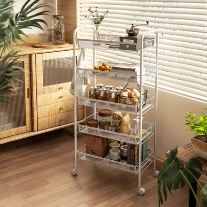 5-Tier Space-Saving Kitchen Cart with Steel Mesh Baskets, 45x26.5x106cm, White