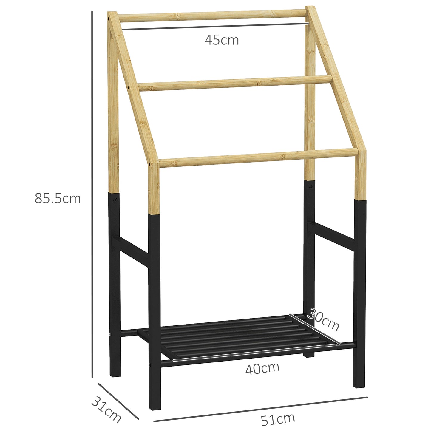 Floor Standing Towel Rack with 3 Bars and Lower Shelf, in Bamboo and Steel, 51x31x85.5 cm, Black and Wood Color