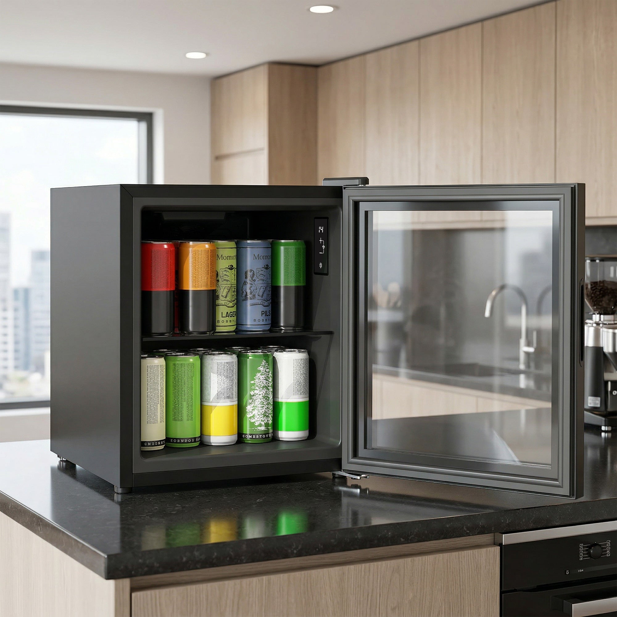 HOMCOM 46L Mini Office Fridge, 59 Cans, Adjustable Temperature 0-20℃ with Double Tempered Glass Door, Black