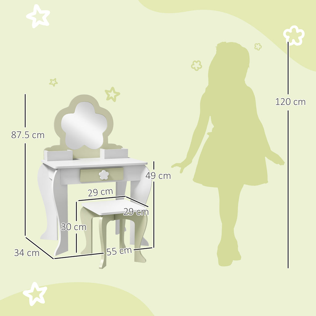 Girls' Dressing Table Set with Makeup Mirror and Matching Stool, Wooden Drawer and Storage, White
