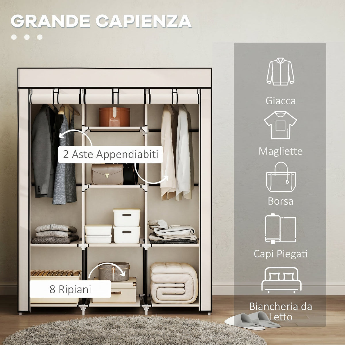 HOMCOM Space-Saving Wardrobe with Raised Base, 8 Shelves and 2 Bars, in Non-Woven Fabric and Steel, Cream