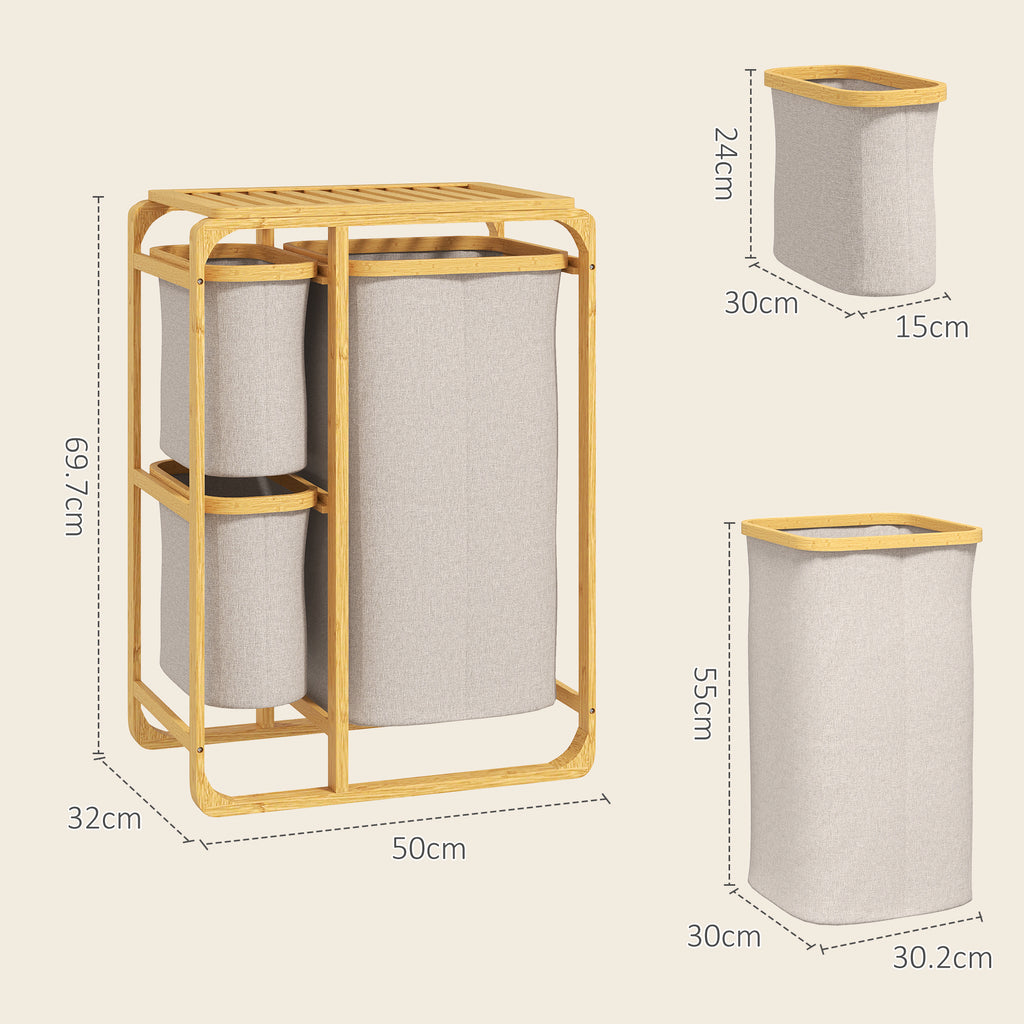 Bamboo Laundry Basket with 3 Bags and Removable Fabric Shelves, 50x32x69.7 cm, Bamboo and Cream