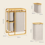 Bamboo Laundry Basket with 3 Bags and Removable Fabric Shelves, 50x32x69.7 cm, Bamboo and Cream