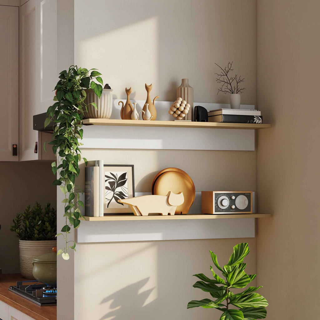 HOMCOM Set of 2 Wooden Wall Shelves for Home and Office, 80x16.5x20 cm, White and Wood Color