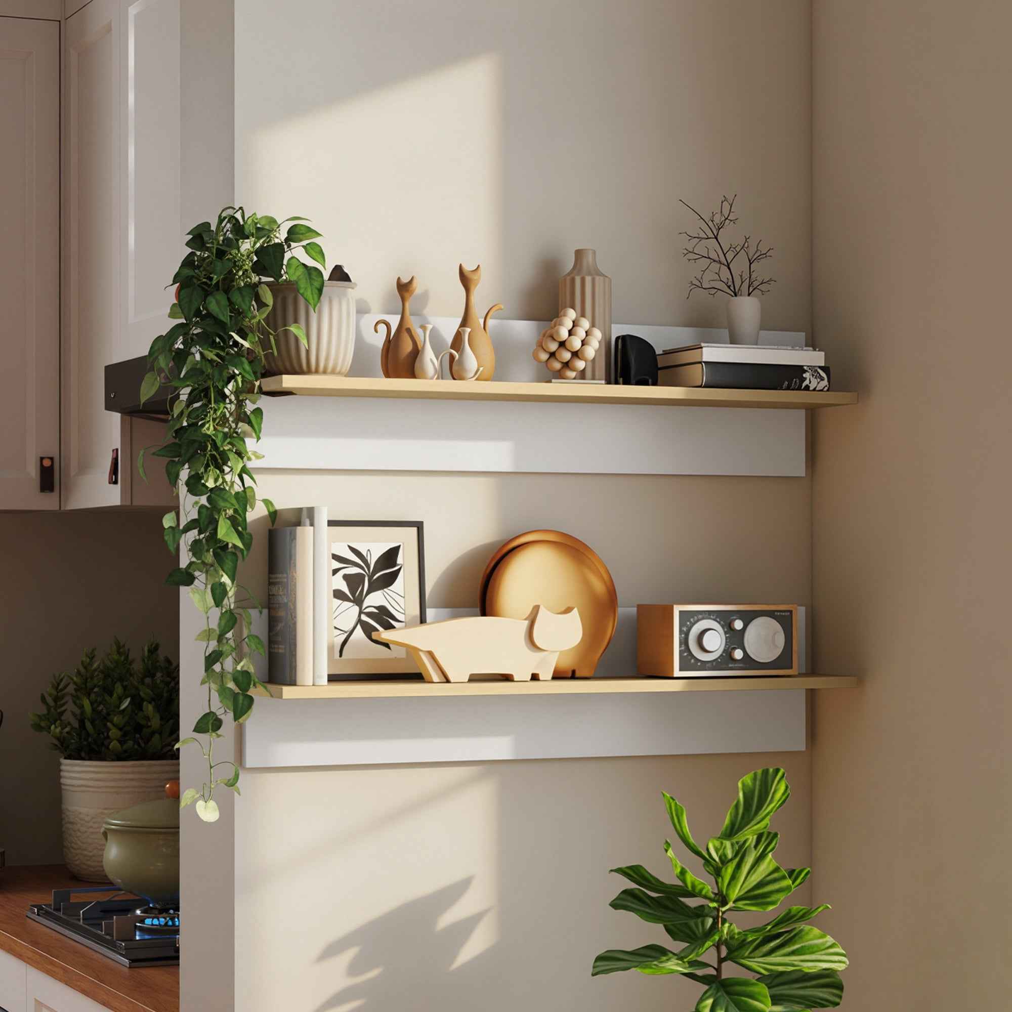 HOMCOM Set of 2 Wooden Wall Shelves for Home and Office, 80x16.5x20 cm, White and Wood Color